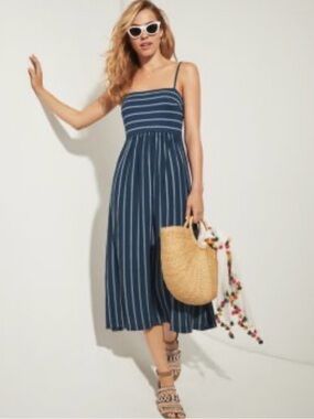 Striped Navy Midi Sundress with Spaghetti Straps